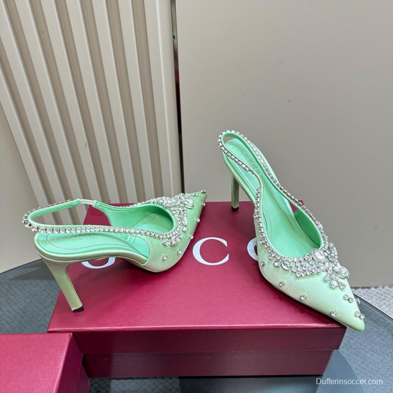 2025 Women Gucci Light Green Satin High Heel Slingback Rhinestone MJ00340