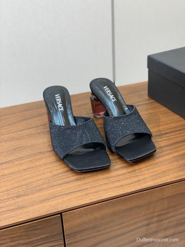 2025 Women VERSACE Black Silk Satin Slippers KFY00300