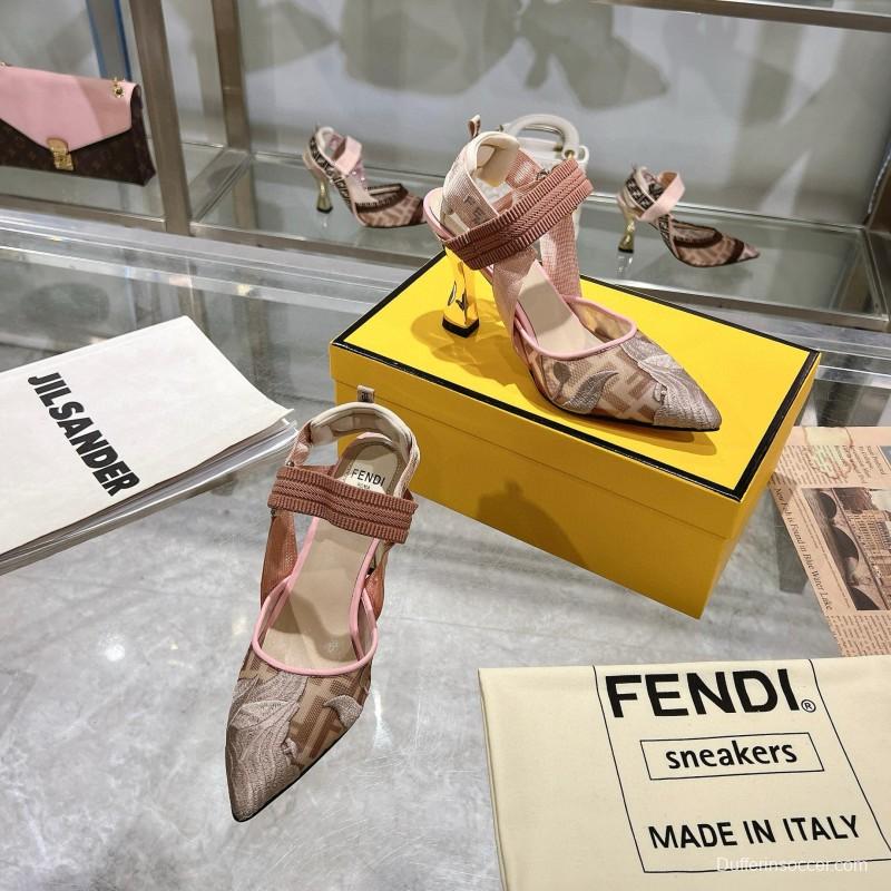 2025 Women Fendi Pink Beige Fabric Leather High Heels