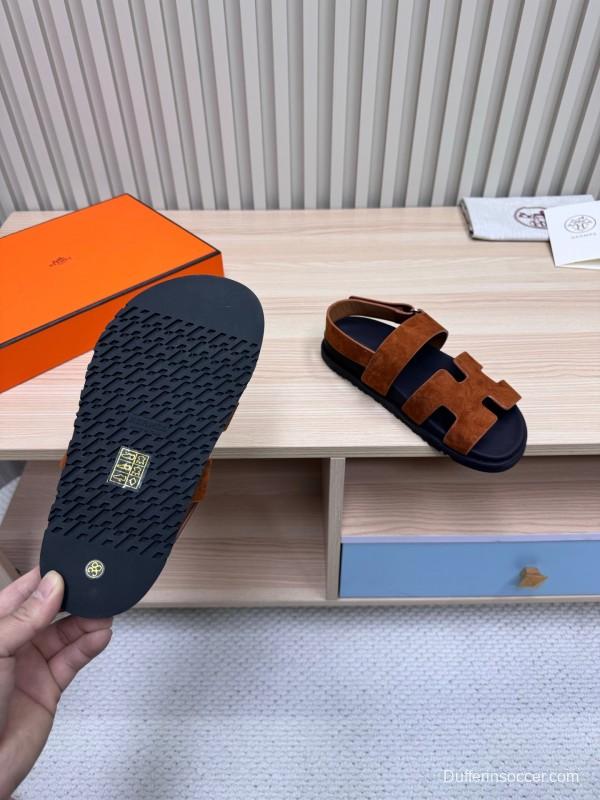 2025 Women Hermès Brown Suede Leather Sandals