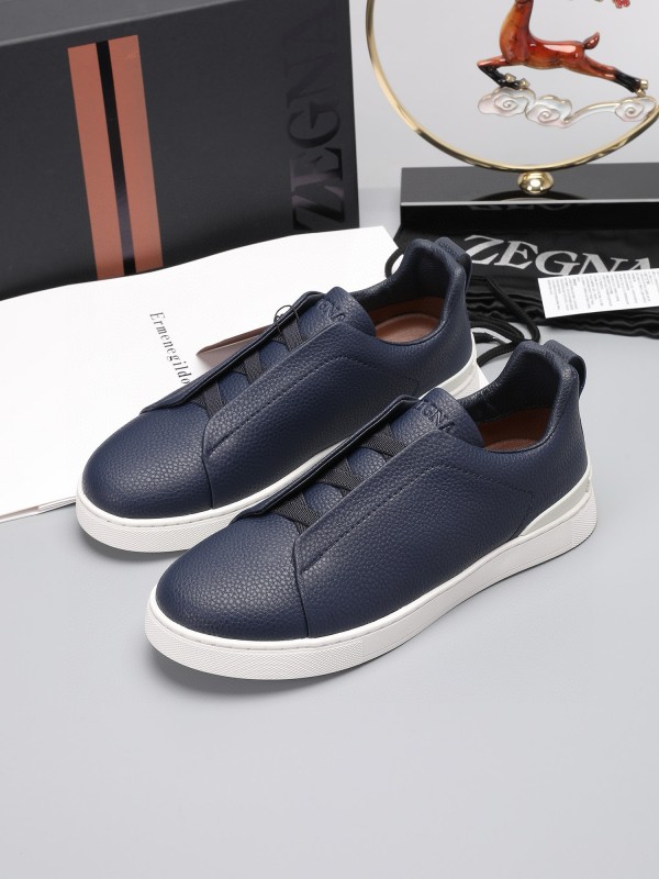 2024 Men Ermenegildo Zegna Navy Leather Low Top Sneakers MJ00240