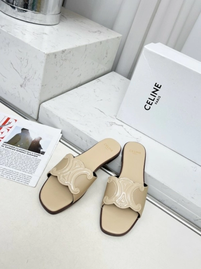 2025 Women Celine Beige Leather Slippers