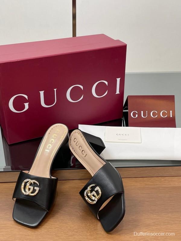 2025 Women Gucci Black Leather Slippers Crystal GG Buckle LY00280