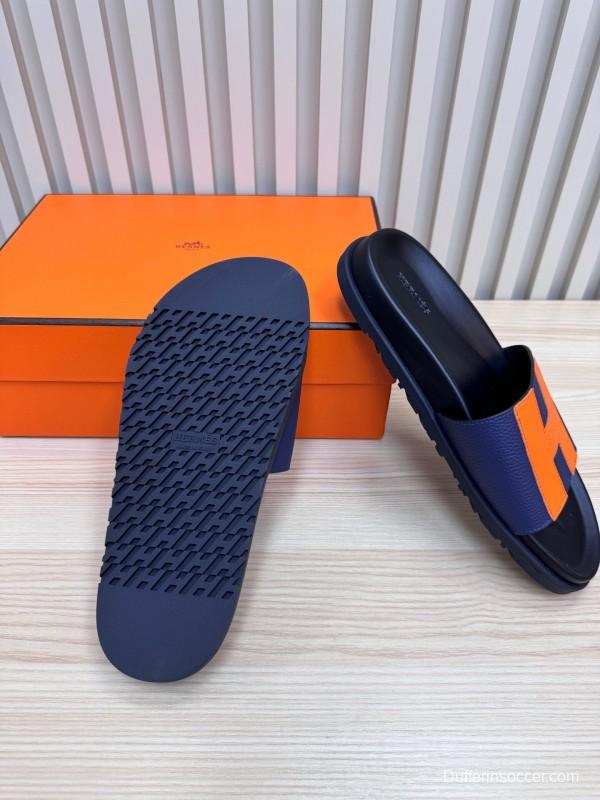 2025 Slippers Hermès Orange Navy Leather Slippers