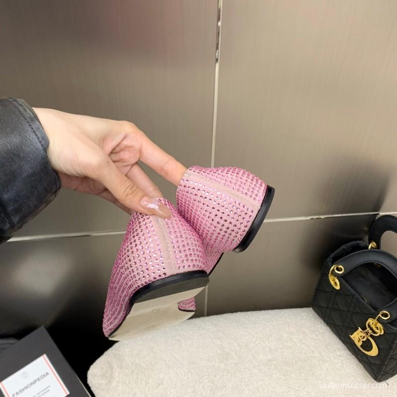 2025 Women Loewe Pink Lambskin Rhinestone Ballet Flats LY00291