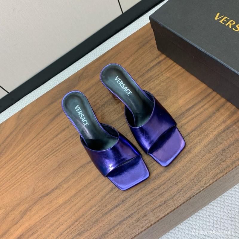 2025 Women VERSACE Purple Leather Slippers