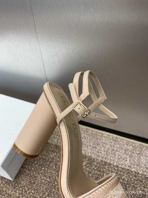 2025 Women Dior Beige Fabric Leather High Heel Sandals