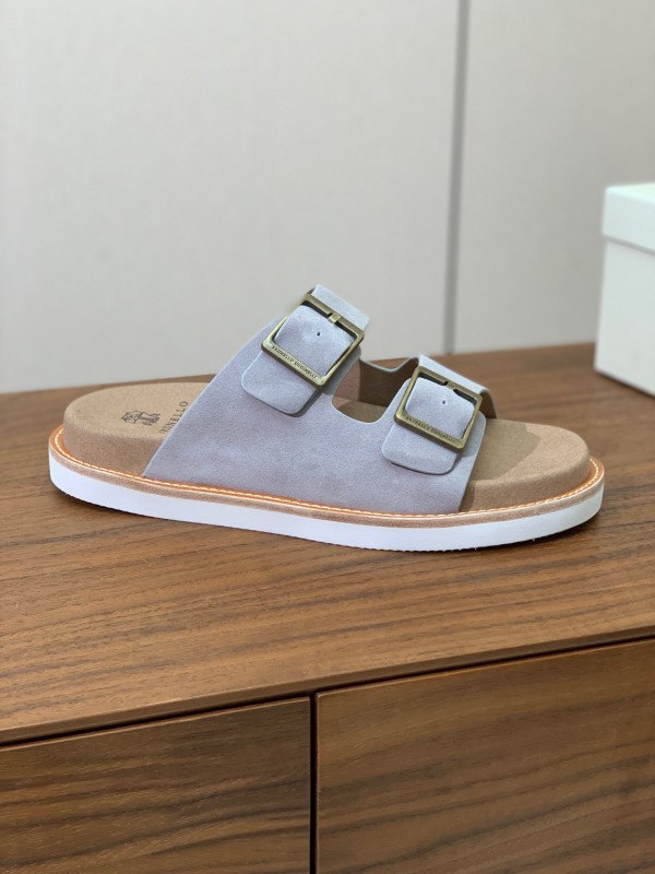 2025 Unisex Brunello Cucinelli Light Grey Suede Casual Sandals With Adjustable Buckles KFY00250