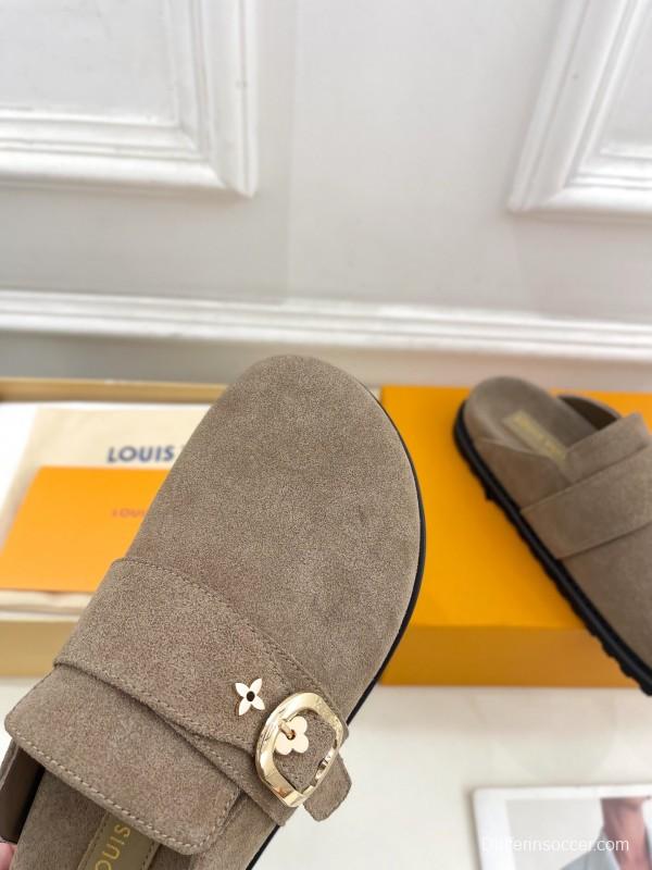 2025 Women Louis Vuitton Brown Suede Slippers Flower Buckle KFY00300