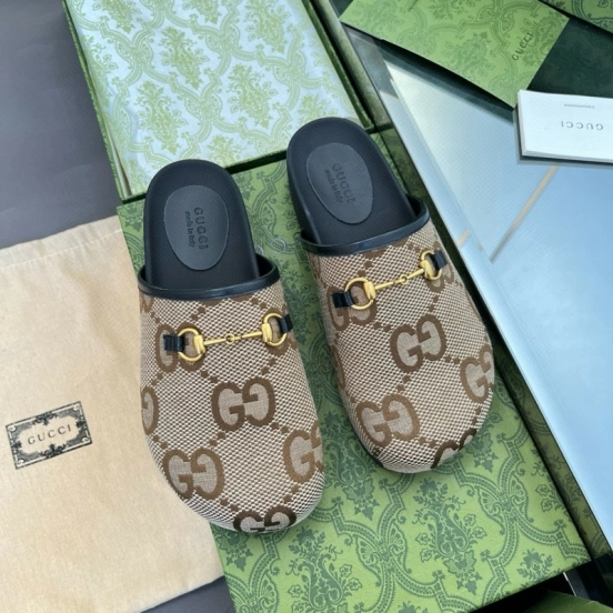 2024 Slippers Gucci Brown Canvas Leather Slippers MJ00280