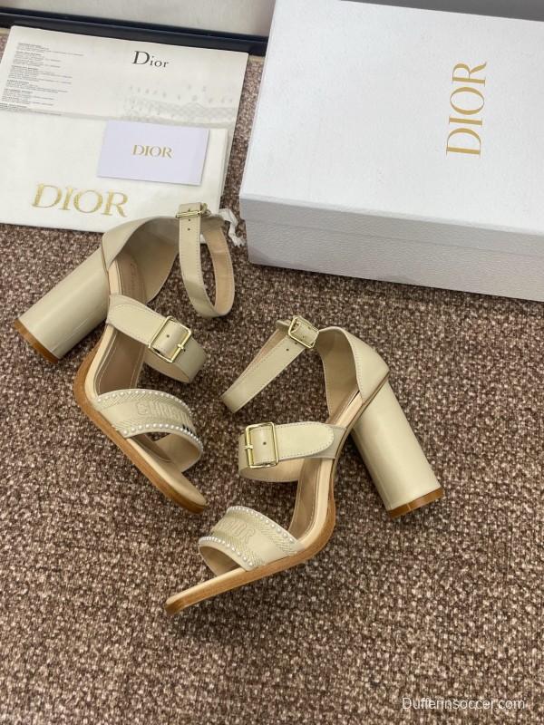 2025 Women Dior Beige Calf Leather Sheepskin Pearl Embroidered High Heel Sandals KFY00320