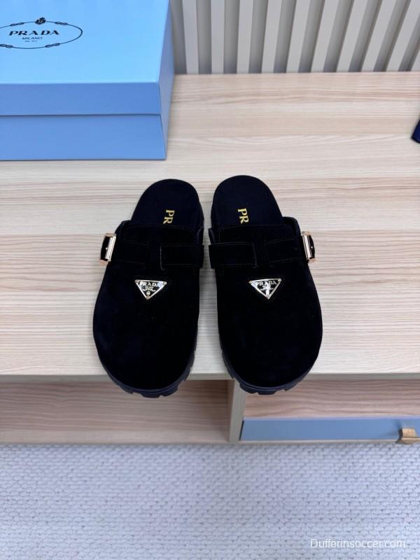 2025 Slippers Prada Black Suede Slippers LY00280