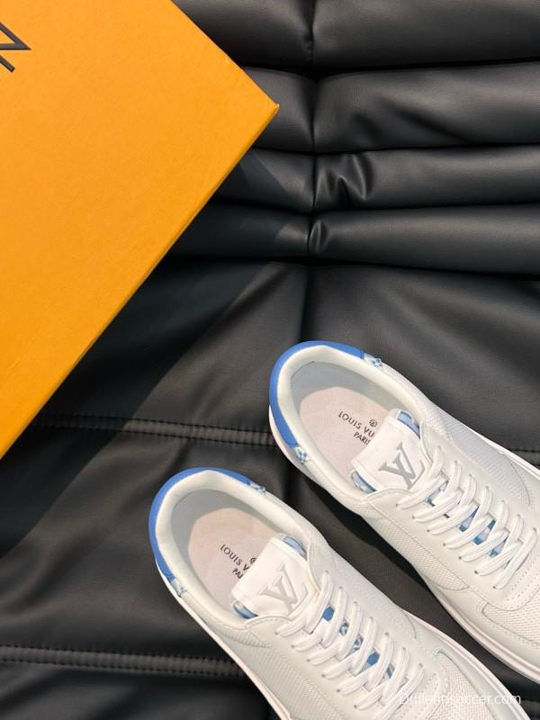 2024 Unisex Louis Vuitton White Blue Cow Leather Mesh Sneakers MJ00400