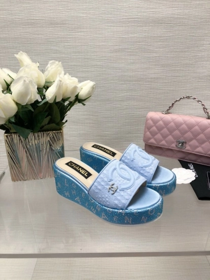 2025 Women Chanel Blue White Fabric Platform Slide Sandals LY00320