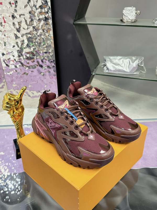 2025 Men Louis Vuitton Brown Mesh Leather Sneakers MJ00420