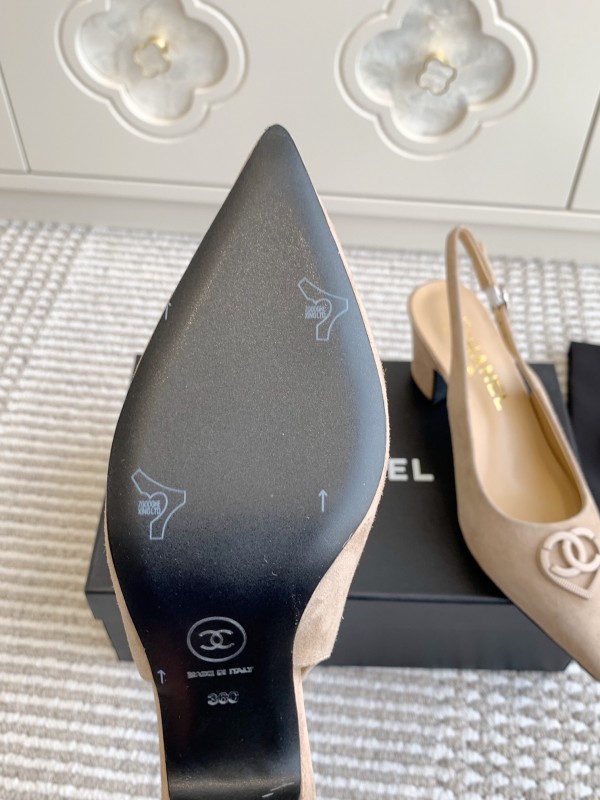 2025 Women Chanel Beige Suede Slingback Pointed Toe Heart CC Sandals