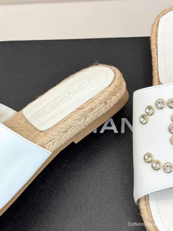 2025 Women Chanel White Leather Slippers Rhinestone KFY00230
