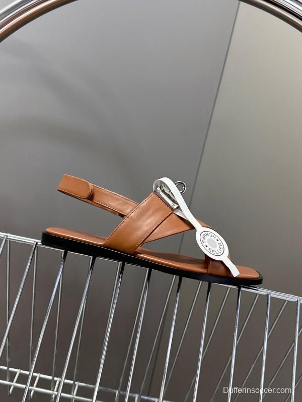 2025 Women Hermès Brown White Calfskin Leather Sandals Metal Hardware KFY00300