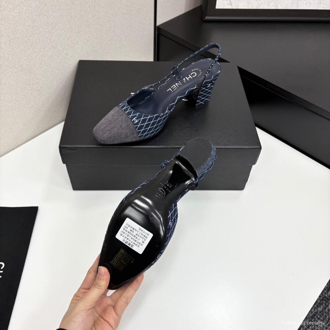 2025 Women Chanel Blue Grey Denim Leather Slingback LY00240