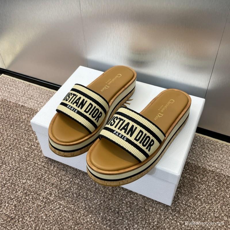 2025 Slippers Dior Beige Black Textile Platform Embroidery