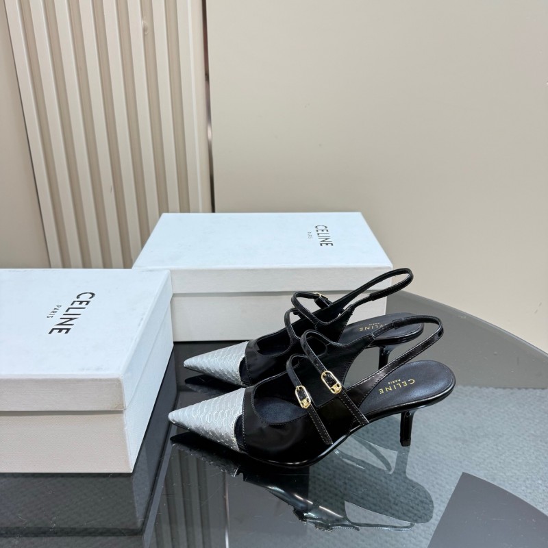 2025 Women Celine Black White Leather Pointed Toe Kitten Heel KFY00310