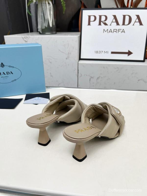 2025 Women Prada Beige Leather High Heel Sandals
