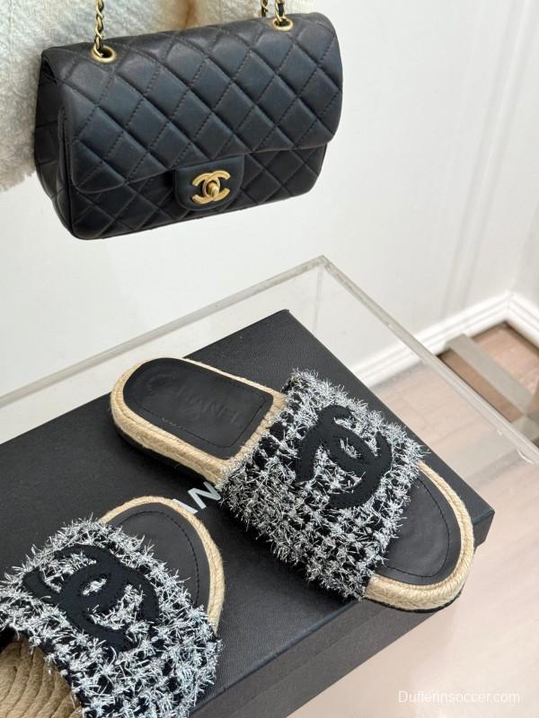 2025 Slippers Chanel Black White Tweed Espadrille Handcrafted KFY00230