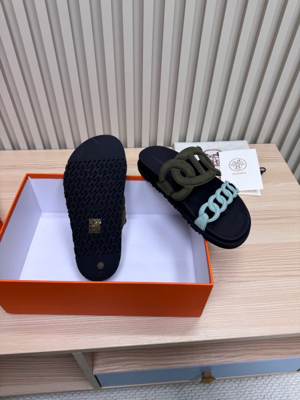 2025 Women Hermès Black Light Blue Leather Slippers