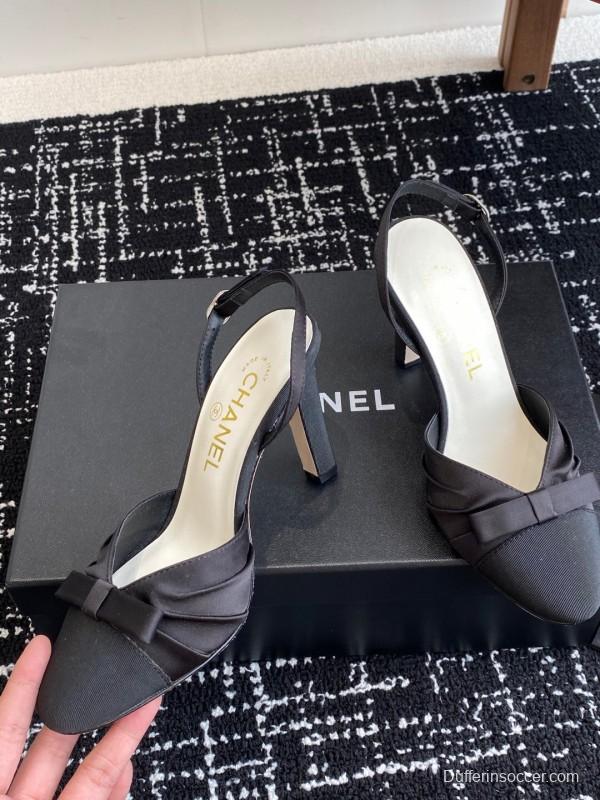 2025 Women Chanel Black Satin Leather High Heels Bow Slingback KFY00289