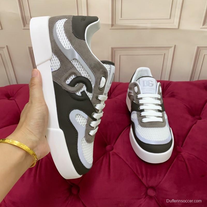 2025 Unisex Dolce & Gabbana White Grey Black Leather Mesh Sneakers
