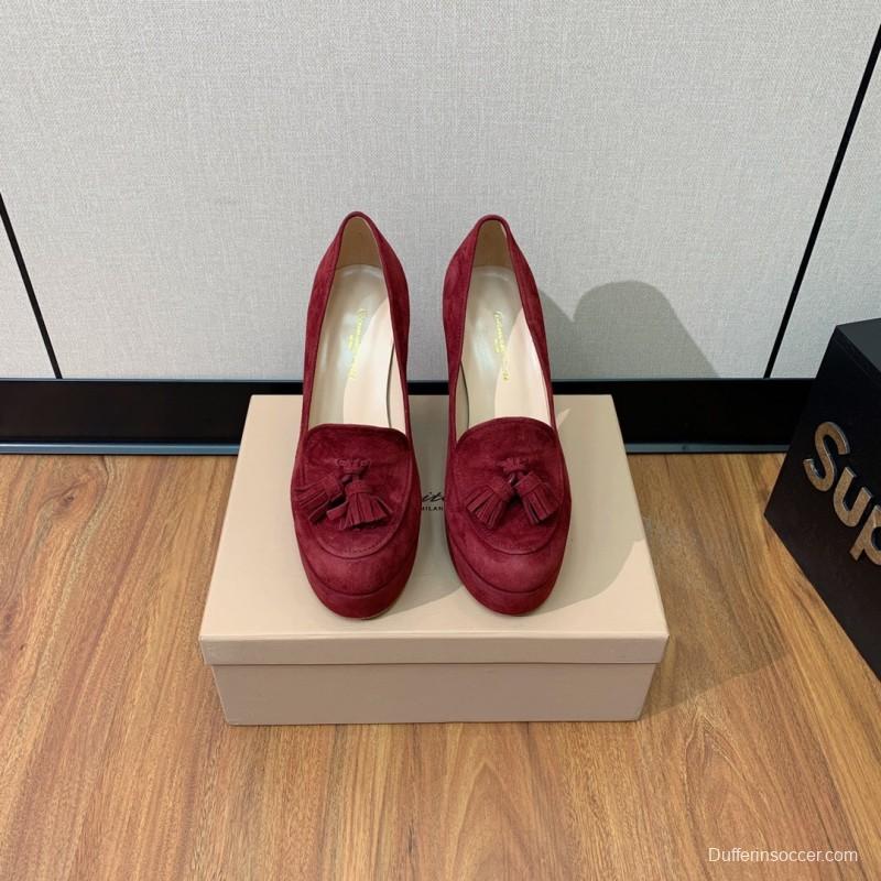 2025 Women Gianvito Rossi Red Suede Platform Loafers Tassel KFY00330
