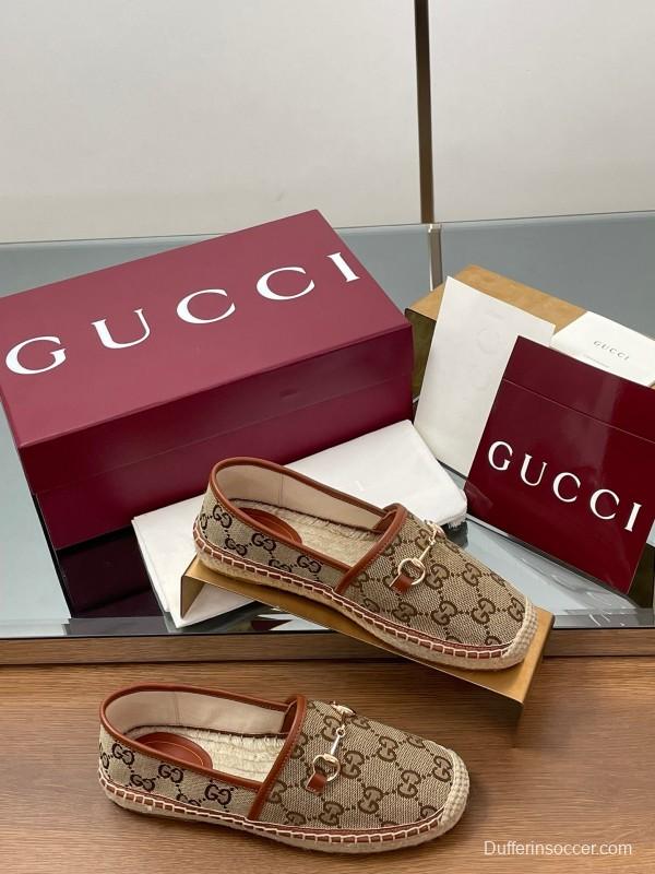 2025 Women Gucci Brown Canvas Leather Loafers Horsebit LY00200
