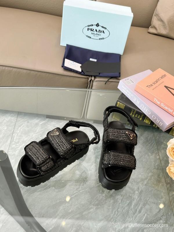 2025 Women Prada Black Woven Leather Platform Sandals LY00300
