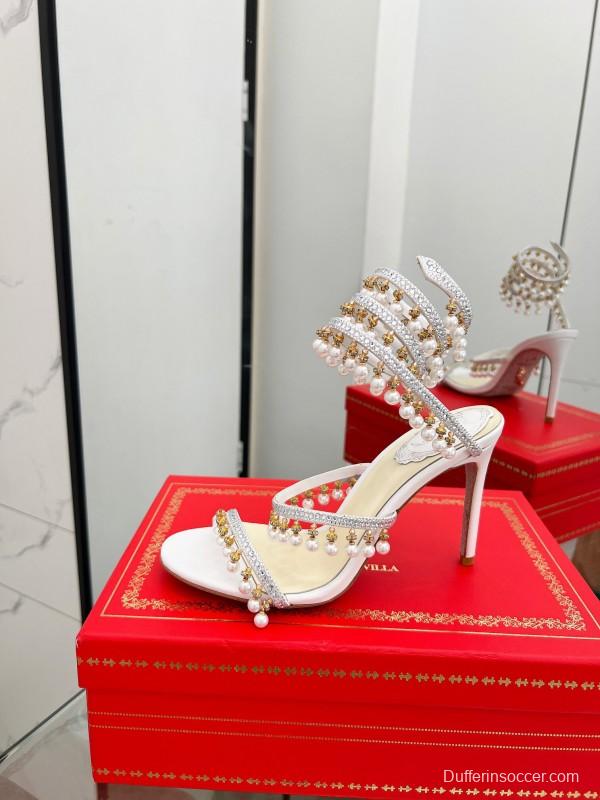 2025 Women RC White Crystal Pearl Leather High Heel Sandals LY00360