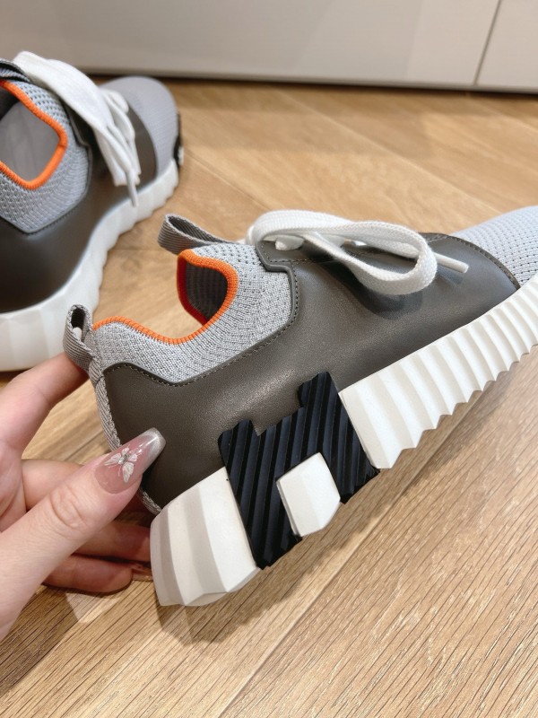 2024 Unisex Hermès Beige Grey Orange Black Leather Suede Knit Sneakers MJ00290