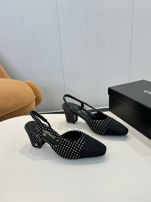 2025 Women Chanel Black White Fabric Slingback Heels LY00240