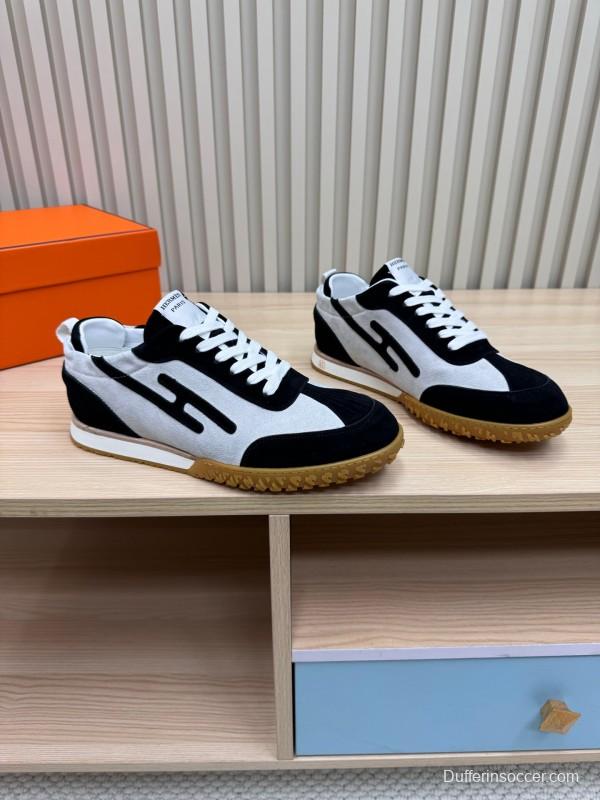 2025 Unisex Hermès Black White Suede Down Fabric Sneakers Top Version KFY00300