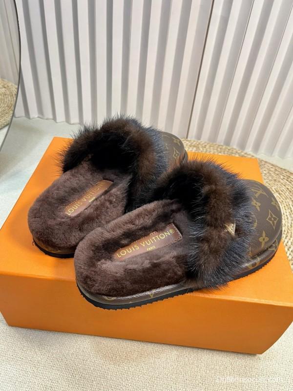 2024 Slippers Louis Vuitton Brown Leather Mink Fur Slippers MJ00340