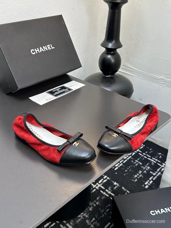 2025 Women CHANEL Red And Black Lambskin Ballet Flats Classic Bow Detail CC Logo LY00360(F)
