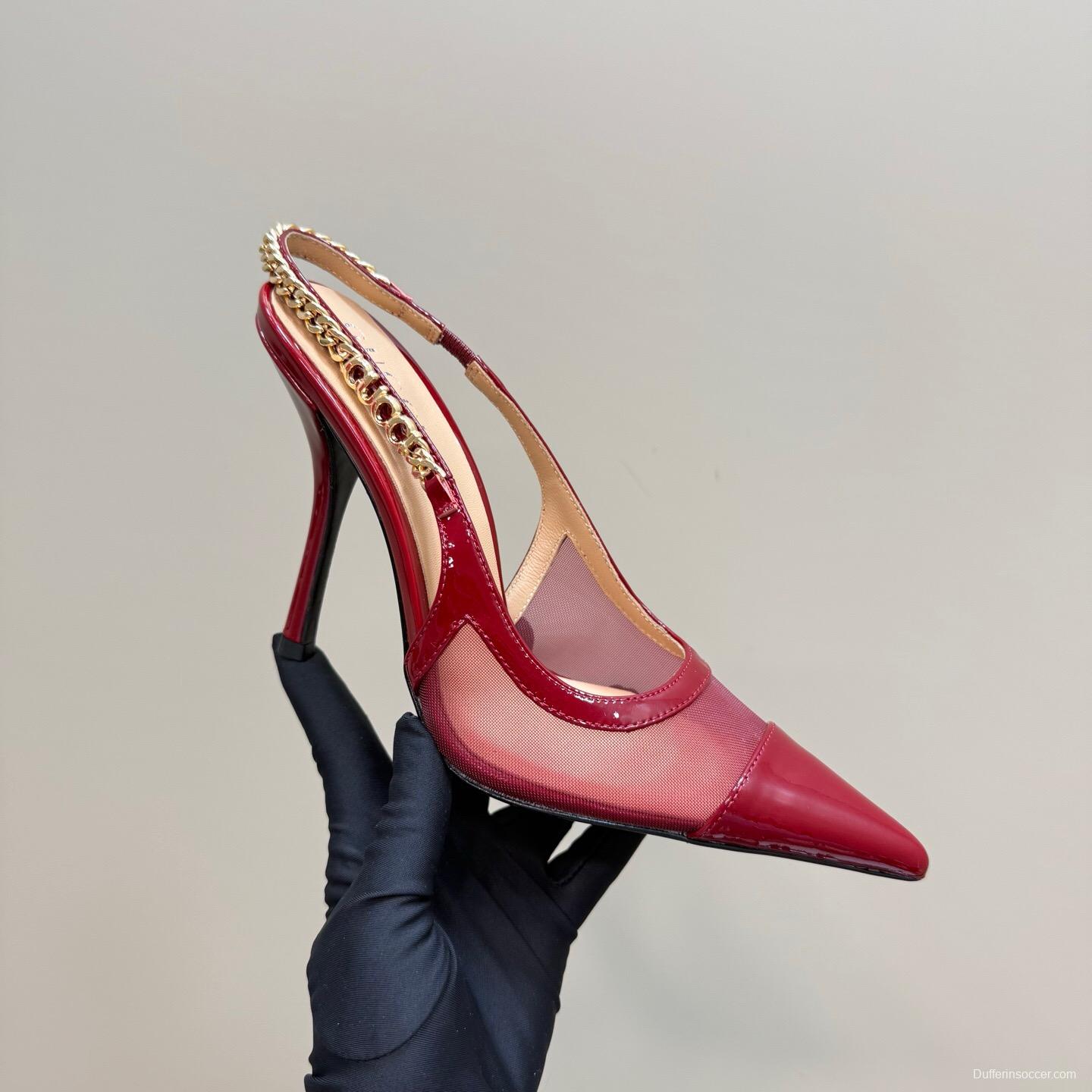 2025 Women Gucci Red Patent Leather Pointed Toe Slingback High Heel Pumps With Chain Detail KFY00300(F)