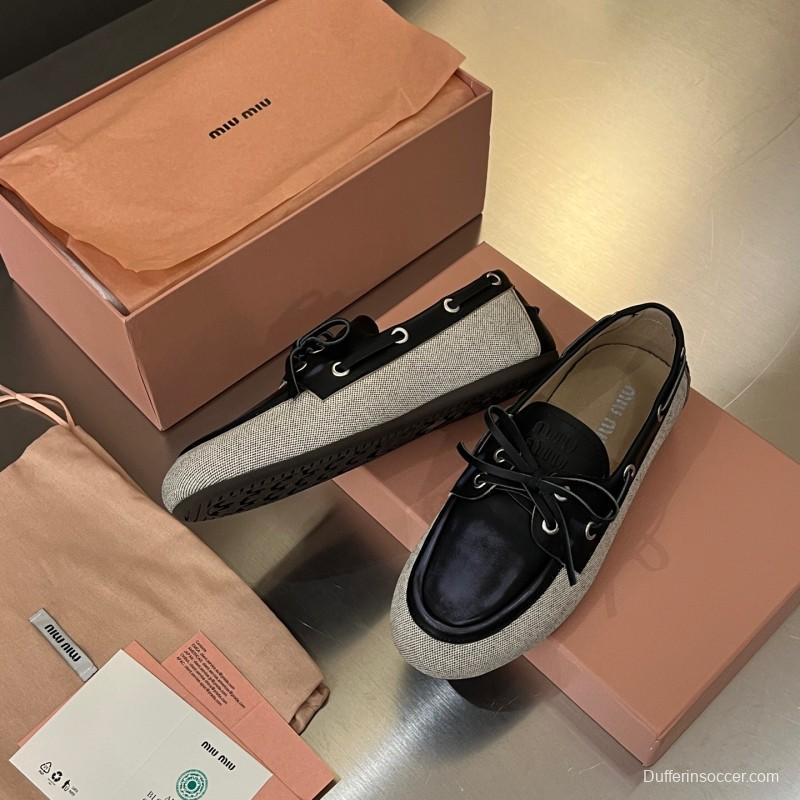 2025 Women Miu Miu Black Beige Leather Fabric Loafers