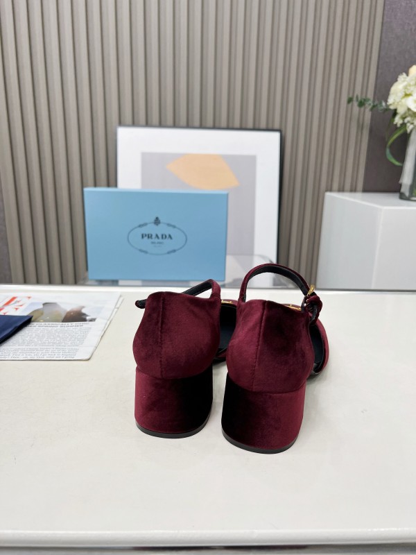 2025 Women Prada Burgundy Velvet Mary Jane Heel LY00270