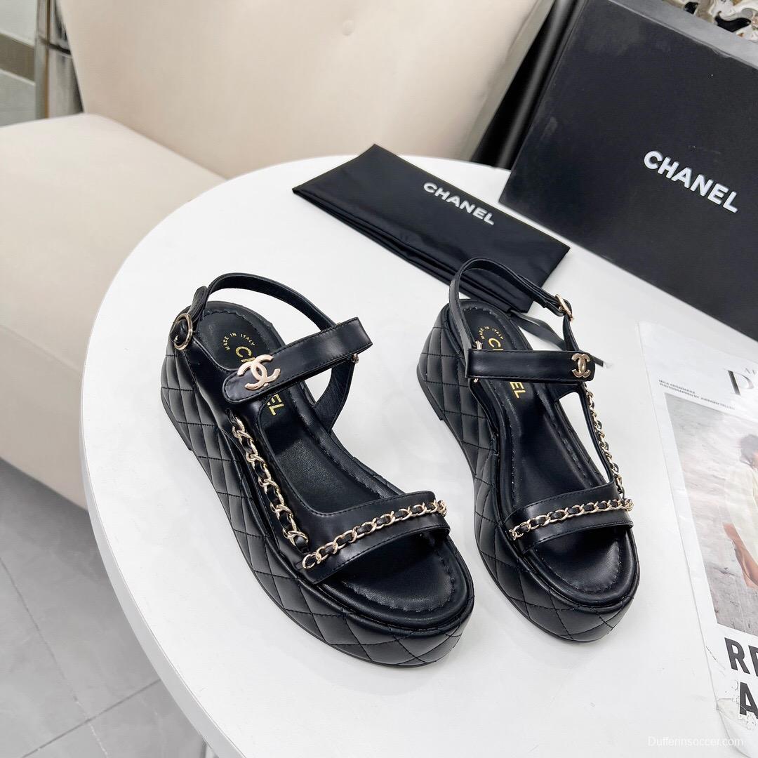 2025 Women Chanel Black Leather Sandals Chain LY00260