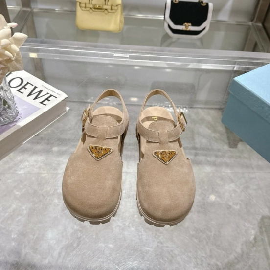 2025 Women Prada Beige Suede Slingback Flat LY00270