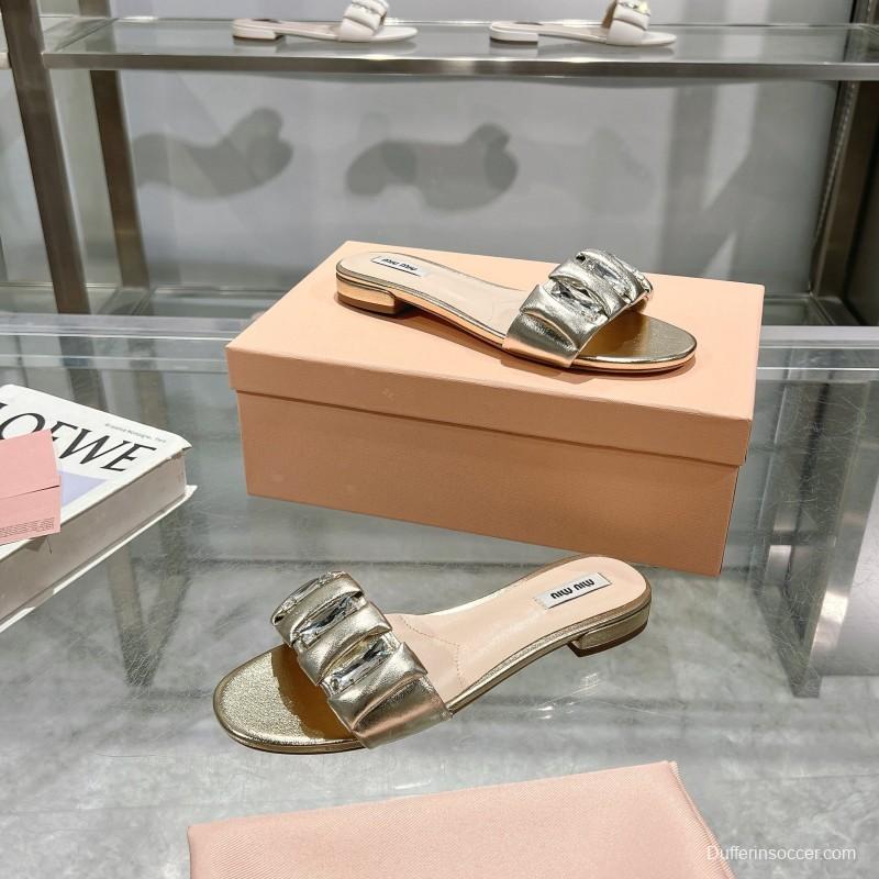 2025 Women Miumiu Metallic Leather Slippers
