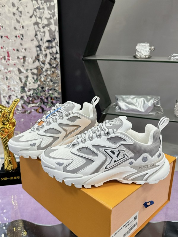 2025 Men Louis Vuitton White Grey Mesh Leather Sneakers MJ00420