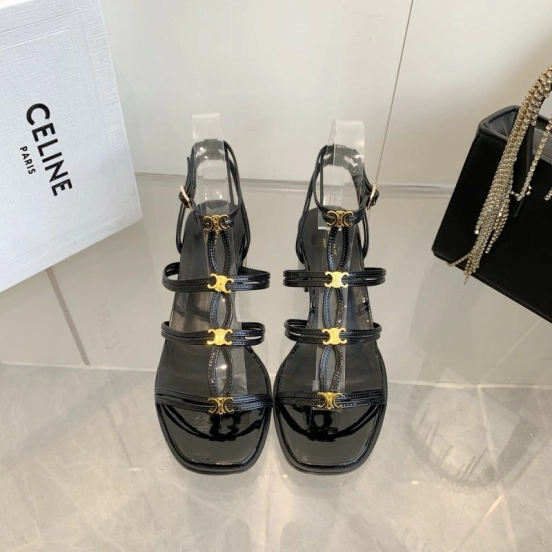 2025 Women Celine Black Patent Leather Sandals