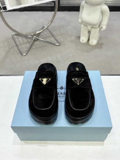 2025 Women Prada Black Velvet Mules