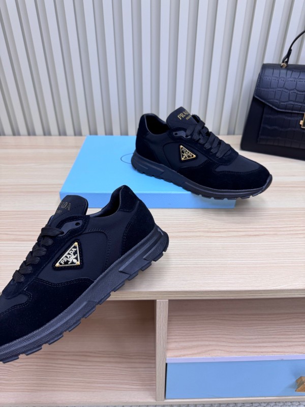 2025 Women Prada Black Suede Nylon Sneakers LY00300