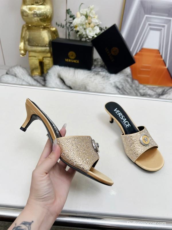 2025 Women VERSACE Gold Silk Rhinestone Heeled Sandals